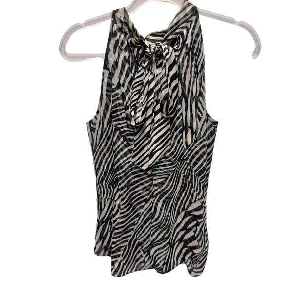 WHBM Zebra Chiffon Satin Pleated Mock Neck Layered Blouse - Picture 3 of 10